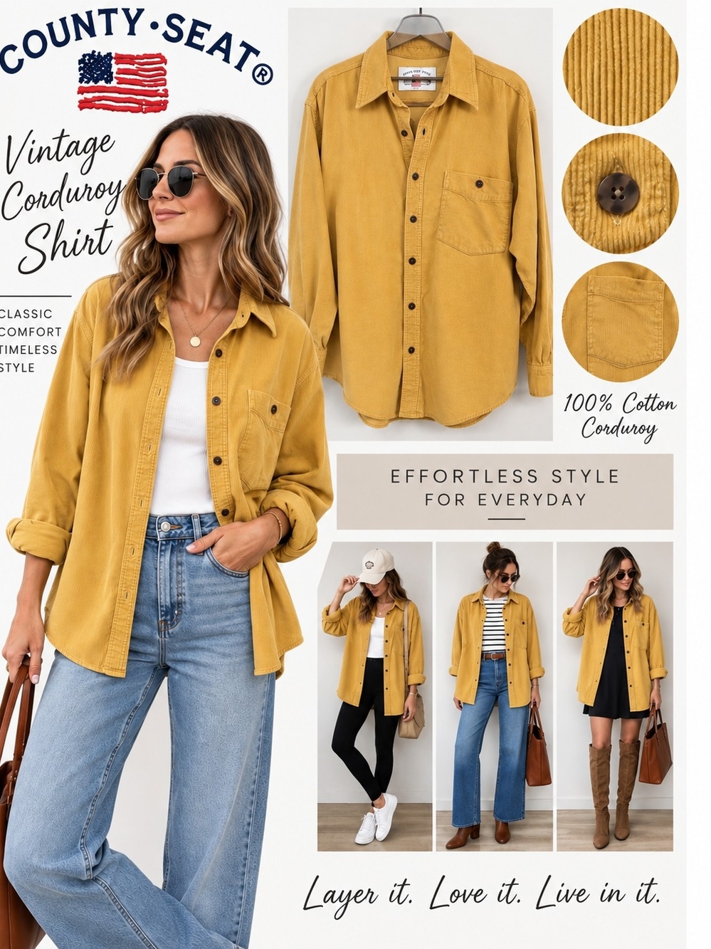 Vintage County Seat Mustard Yellow Corduroy Shirt Jacket 100% Cotton Size M